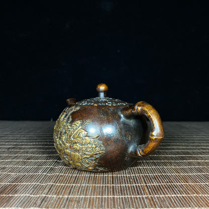 Handcrafted Pure Copper Gilded Relief Eight Immortals Teapot - Asian Antique