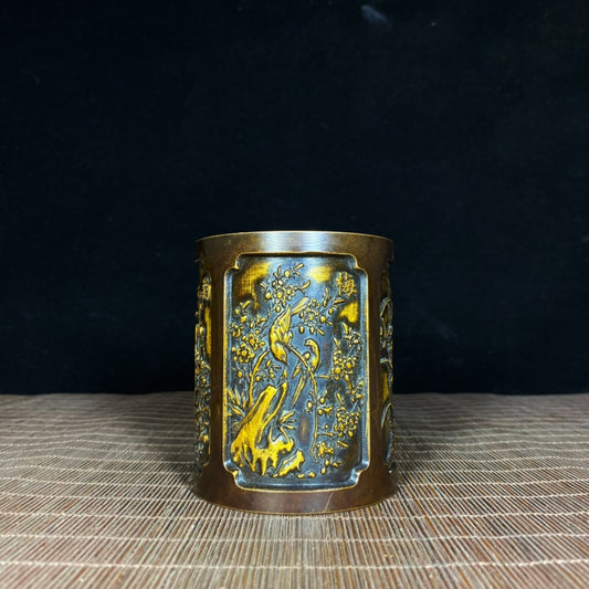 Handcrafted Pure Copper Gilded Four Gentlemen Brush Pot - Asian Antique with Embossed Plum, Orchid, Bamboo, and Chrysanthemum Design