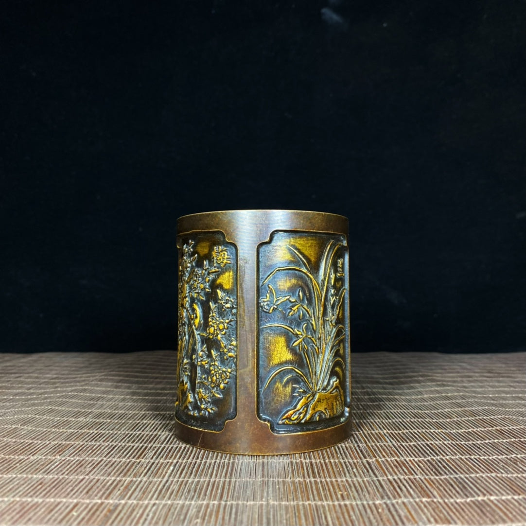 Handcrafted Pure Copper Gilded Four Gentlemen Brush Pot - Asian Antique with Embossed Plum, Orchid, Bamboo, and Chrysanthemum Design