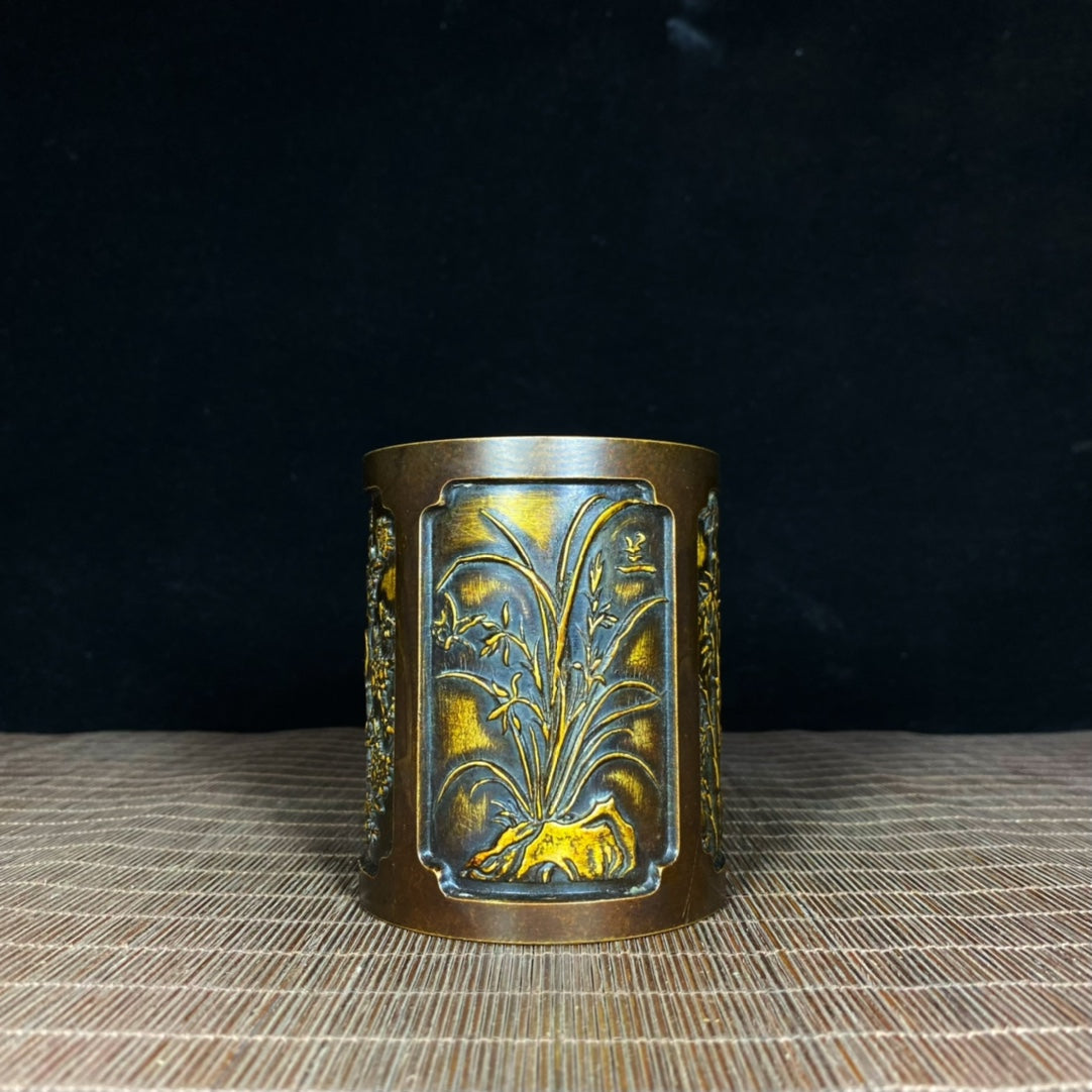 Handcrafted Pure Copper Gilded Four Gentlemen Brush Pot - Asian Antique with Embossed Plum, Orchid, Bamboo, and Chrysanthemum Design