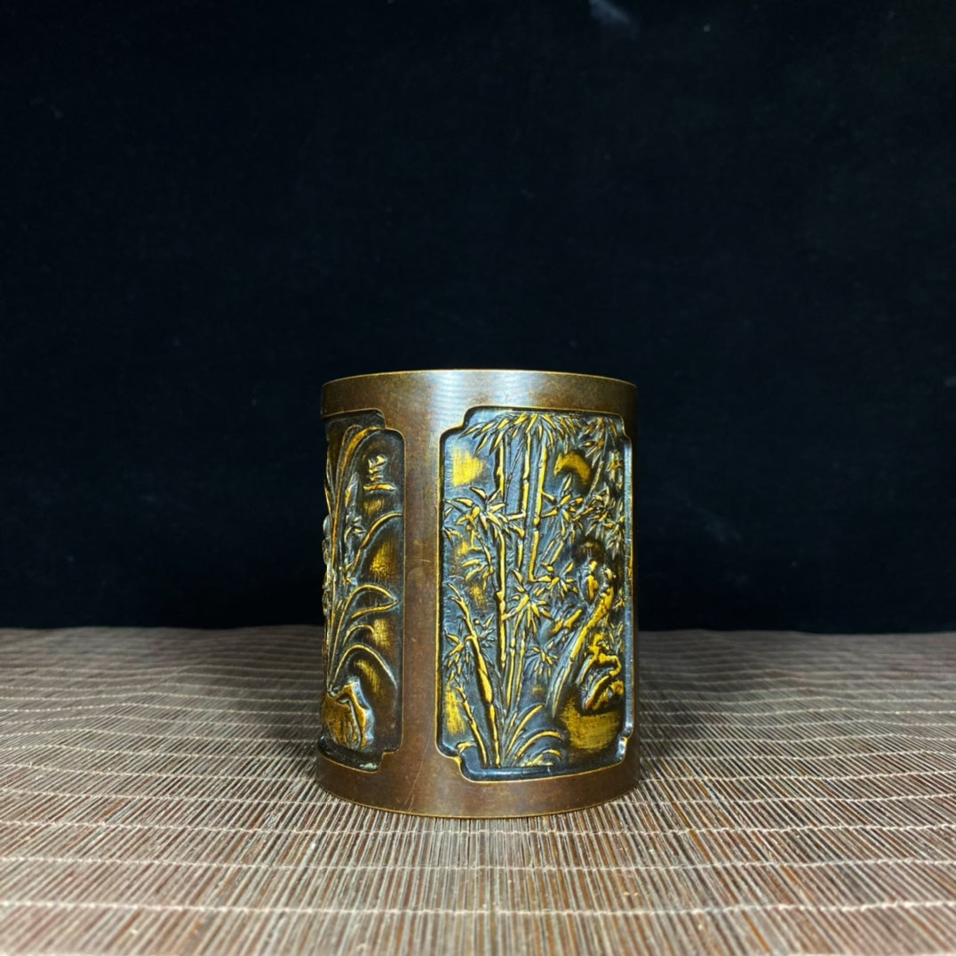 Handcrafted Pure Copper Gilded Four Gentlemen Brush Pot - Asian Antique with Embossed Plum, Orchid, Bamboo, and Chrysanthemum Design