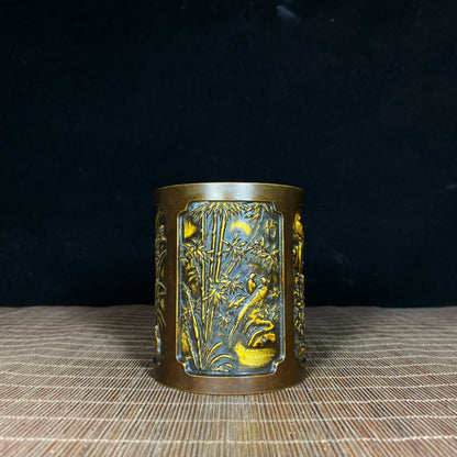 Handcrafted Pure Copper Gilded Four Gentlemen Brush Pot - Asian Antique with Embossed Plum, Orchid, Bamboo, and Chrysanthemum Design