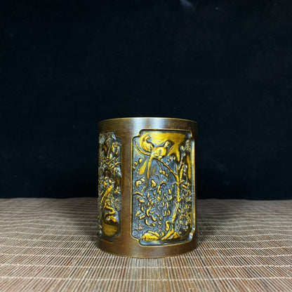 Handcrafted Pure Copper Gilded Four Gentlemen Brush Pot - Asian Antique with Embossed Plum, Orchid, Bamboo, and Chrysanthemum Design