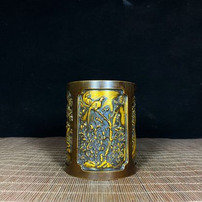 Handcrafted Pure Copper Gilded Four Gentlemen Brush Pot - Asian Antique with Embossed Plum, Orchid, Bamboo, and Chrysanthemum Design