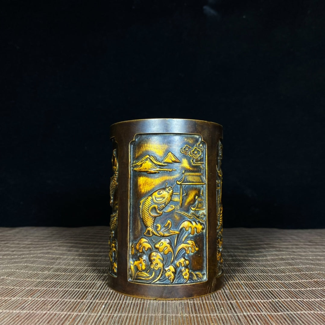 Handcrafted Antique Asian Solid Brass Gilded Carved Koi Fish Leaping Dragon Gate Pen Holder