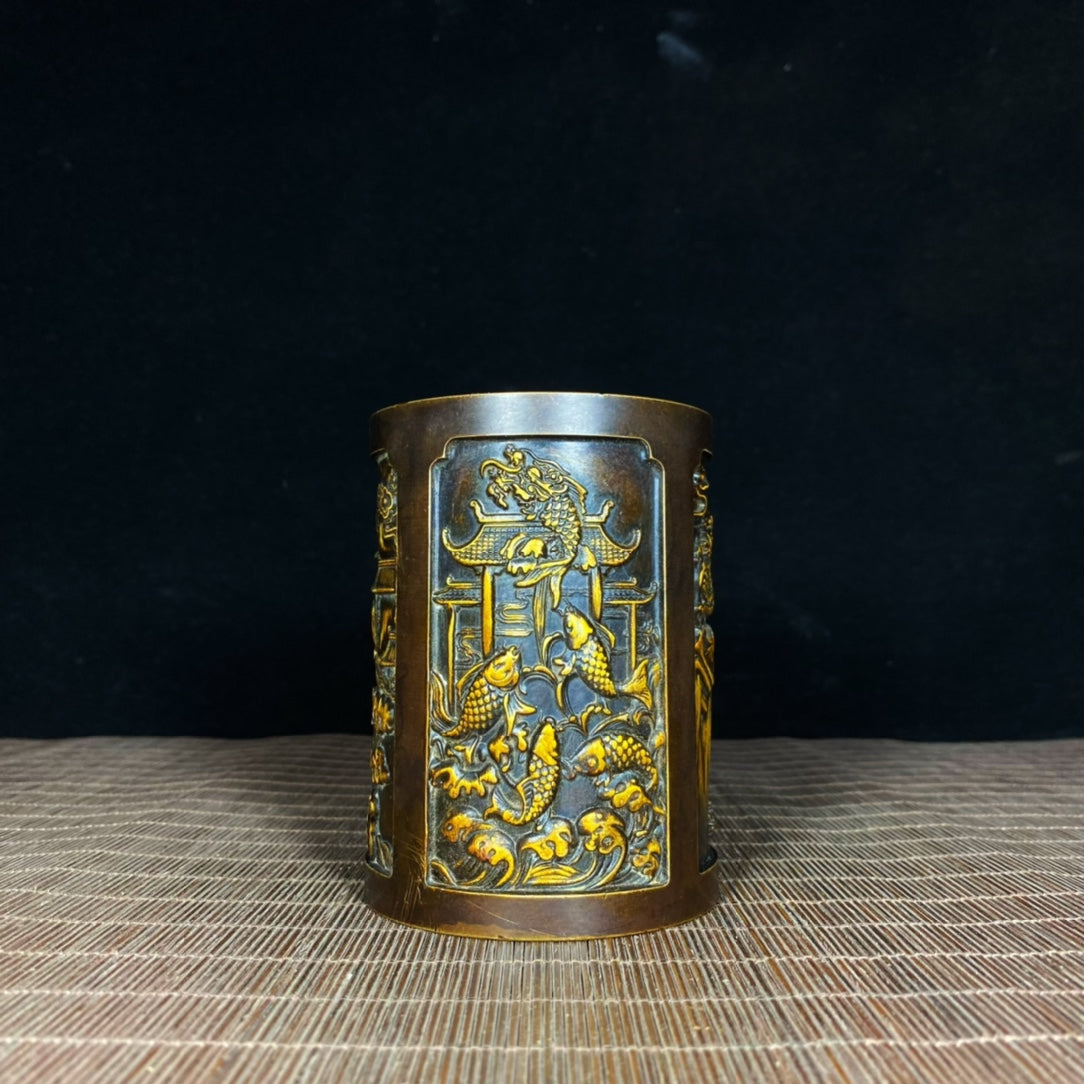 Handcrafted Antique Asian Solid Brass Gilded Carved Koi Fish Leaping Dragon Gate Pen Holder