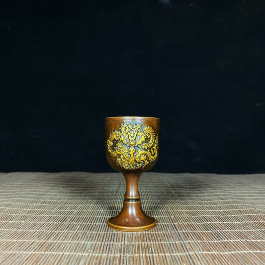 Handcrafted Solid Copper Gilded Dragon and Phoenix Embossed Goblet - Asian Antique