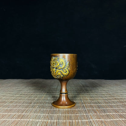 Handcrafted Solid Copper Gilded Dragon and Phoenix Embossed Goblet - Asian Antique