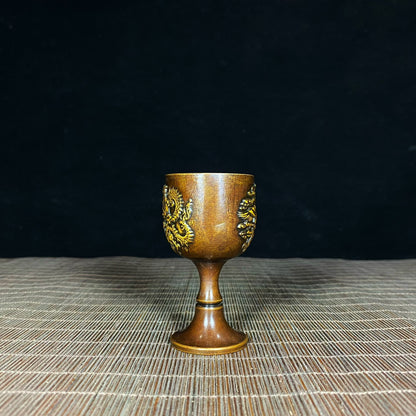 Handcrafted Solid Copper Gilded Dragon and Phoenix Embossed Goblet - Asian Antique