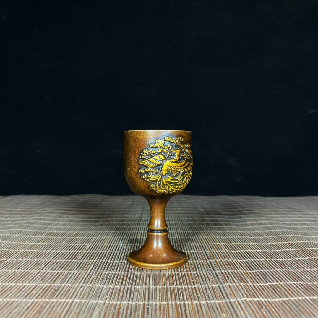 Handcrafted Solid Copper Gilded Dragon and Phoenix Embossed Goblet - Asian Antique