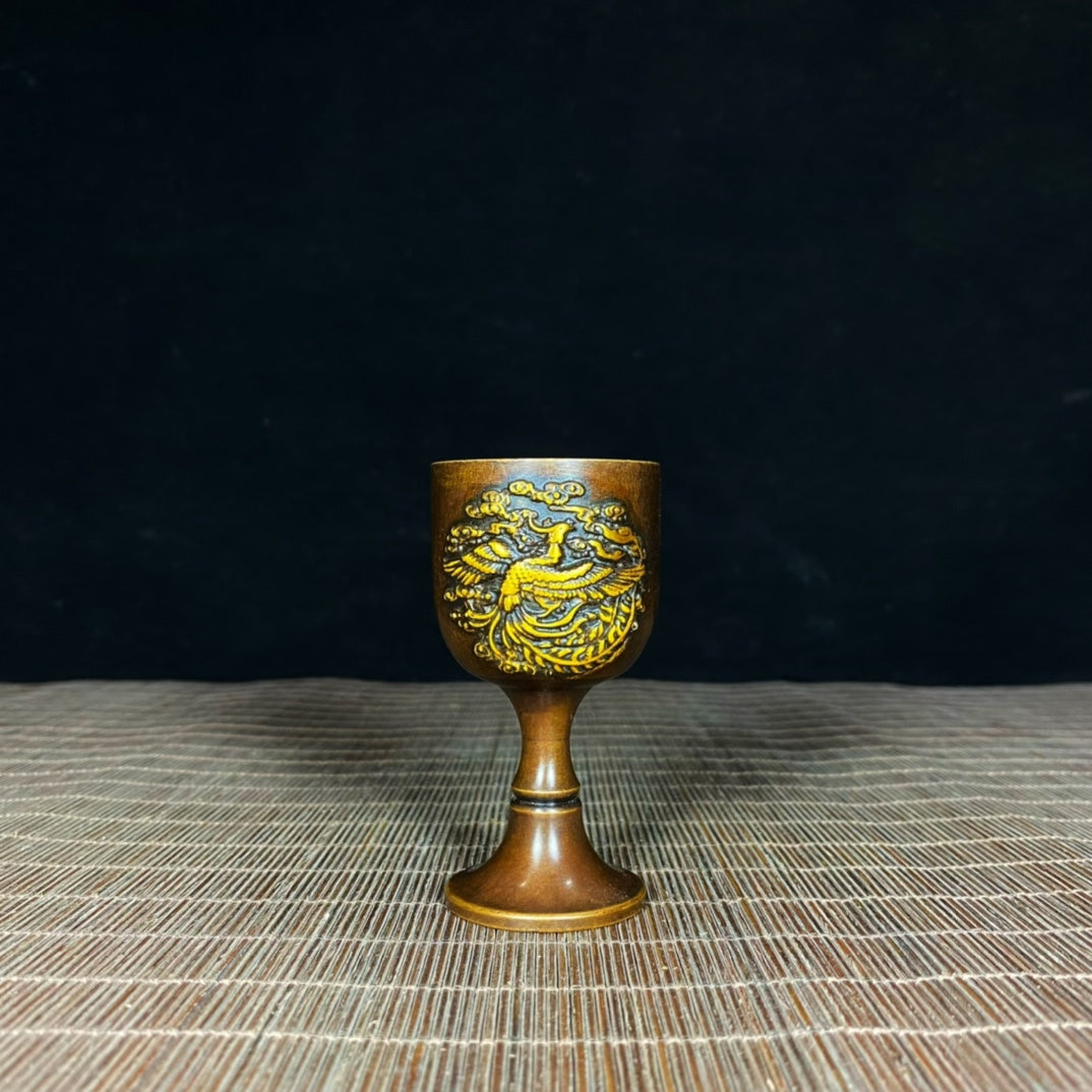 Handcrafted Solid Copper Gilded Dragon and Phoenix Embossed Goblet - Asian Antique