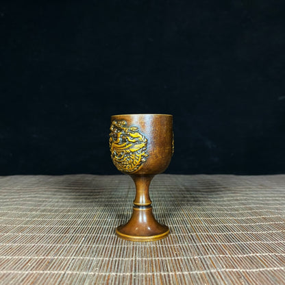 Handcrafted Solid Copper Gilded Dragon and Phoenix Embossed Goblet - Asian Antique