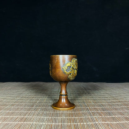 Handcrafted Solid Copper Gilded Dragon and Phoenix Embossed Goblet - Asian Antique