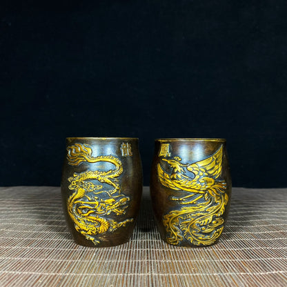 Handcrafted Pair of Pure Copper Gilded Embossed Dragon and Phoenix Teacups - Asian Antique