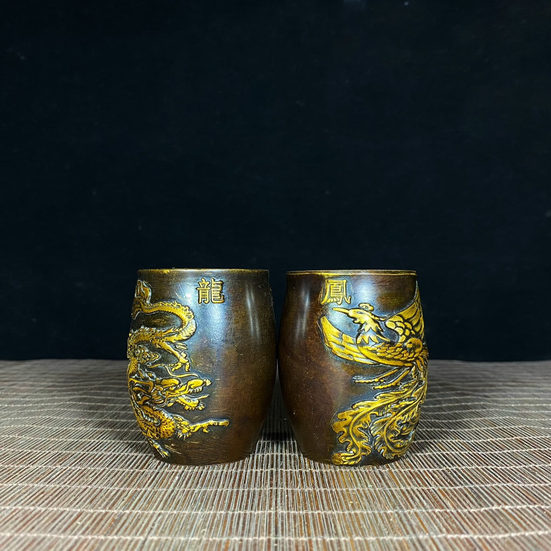 Handcrafted Pair of Pure Copper Gilded Embossed Dragon and Phoenix Teacups - Asian Antique