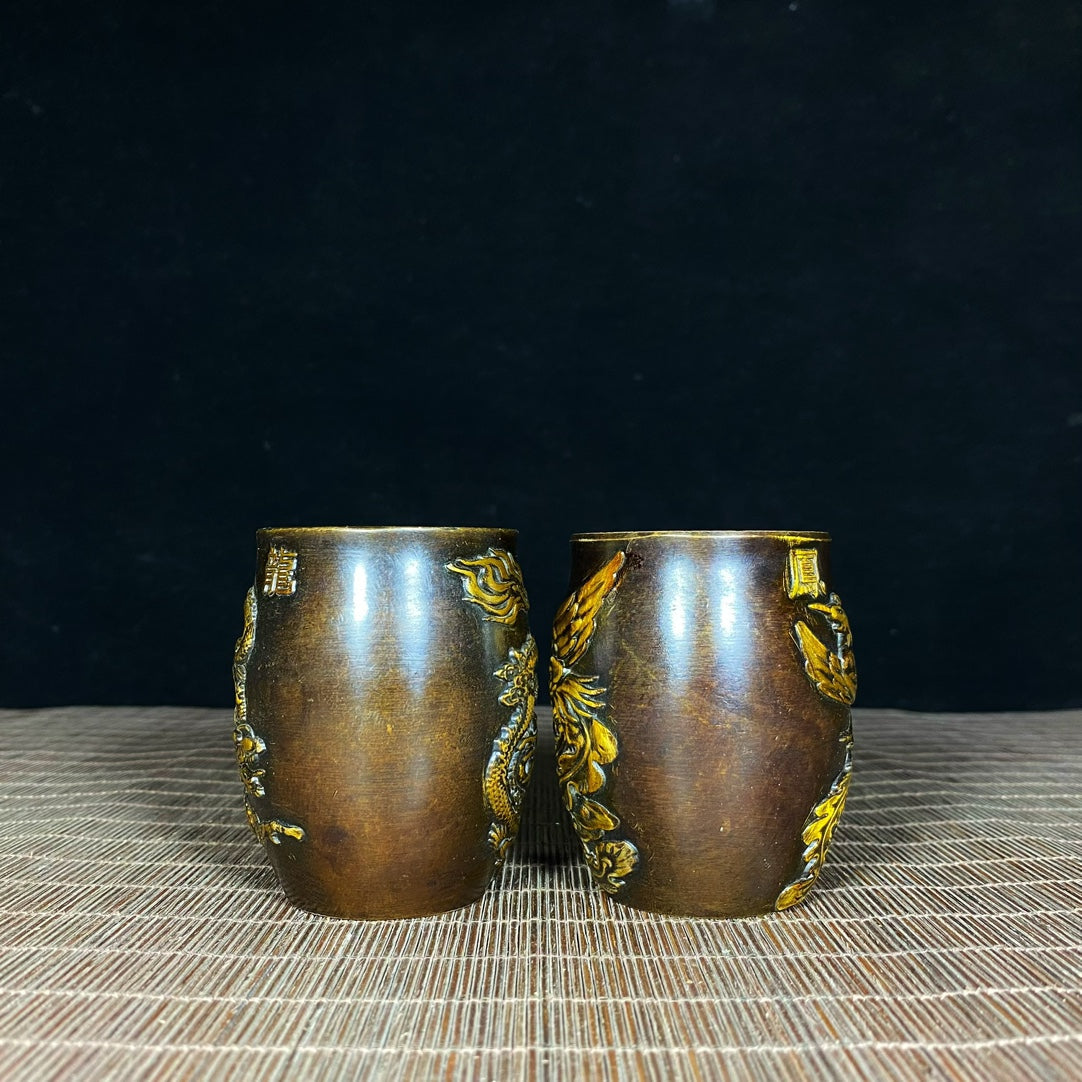 Handcrafted Pair of Pure Copper Gilded Embossed Dragon and Phoenix Teacups - Asian Antique