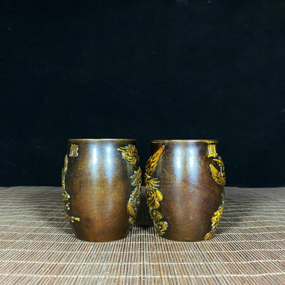 Handcrafted Pair of Pure Copper Gilded Embossed Dragon and Phoenix Teacups - Asian Antique