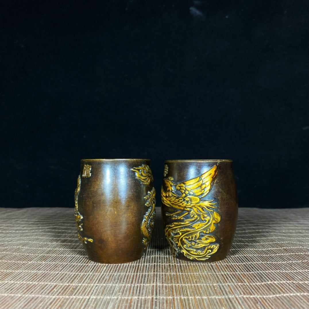 Handcrafted Pair of Pure Copper Gilded Embossed Dragon and Phoenix Teacups - Asian Antique