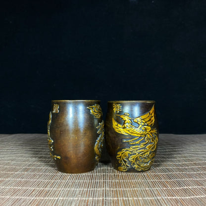 Handcrafted Pair of Pure Copper Gilded Embossed Dragon and Phoenix Teacups - Asian Antique