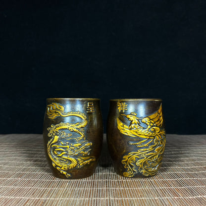 Handcrafted Pair of Pure Copper Gilded Embossed Dragon and Phoenix Teacups - Asian Antique