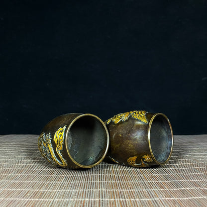 Handcrafted Pair of Pure Copper Gilded Embossed Dragon and Phoenix Teacups - Asian Antique