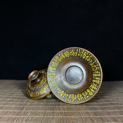 Handcrafted Asian Antique Pure Copper Gilded Relief "Hundred Blessings" Lidded Bowl