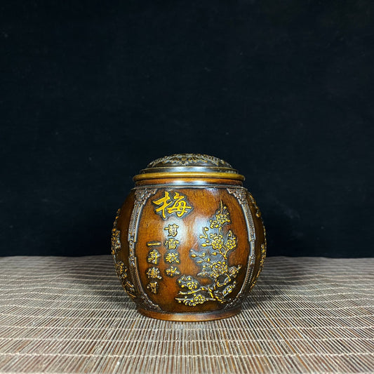 Handcrafted Pure Copper Gilded Relief Four Seasons Plum, Orchid, Bamboo, Chrysanthemum Gentleman Jar - Asian Antique