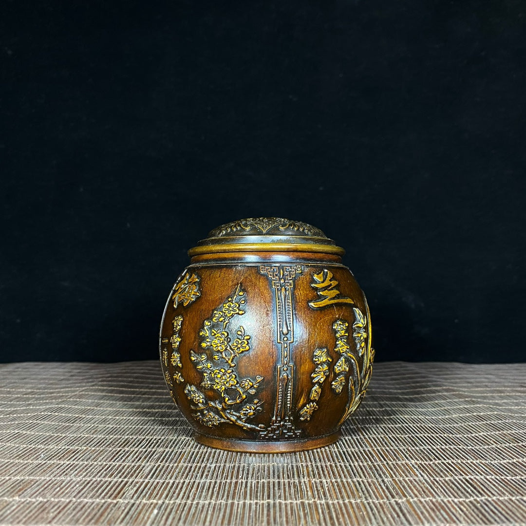 Handcrafted Pure Copper Gilded Relief Four Seasons Plum, Orchid, Bamboo, Chrysanthemum Gentleman Jar - Asian Antique