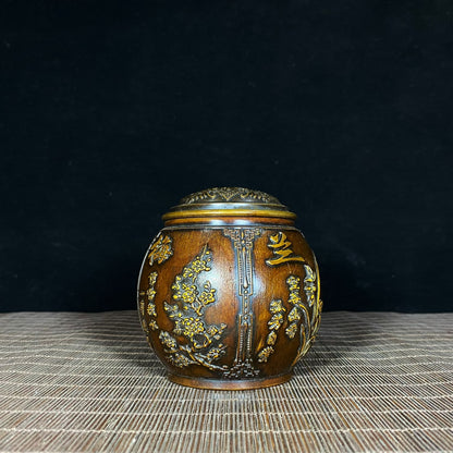 Handcrafted Pure Copper Gilded Relief Four Seasons Plum, Orchid, Bamboo, Chrysanthemum Gentleman Jar - Asian Antique