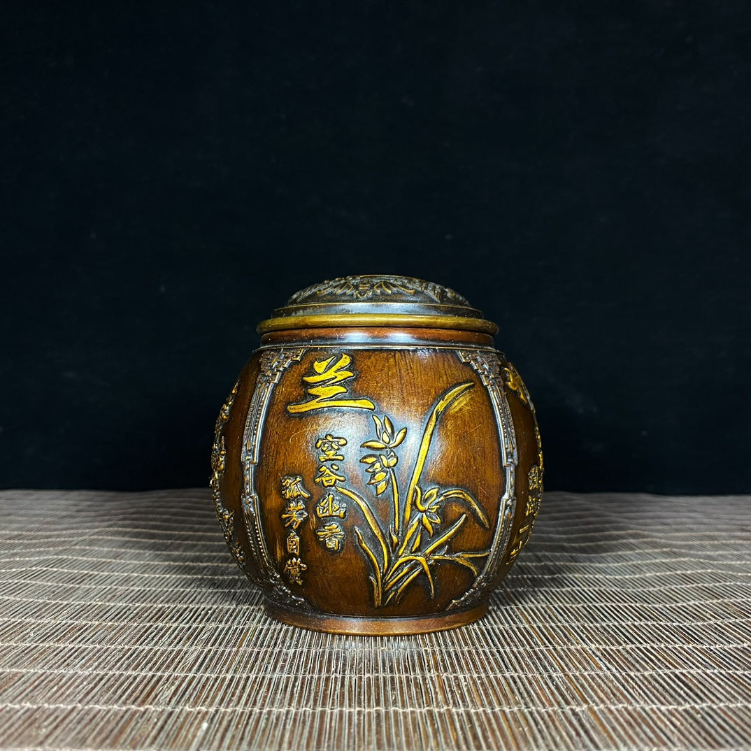 Handcrafted Pure Copper Gilded Relief Four Seasons Plum, Orchid, Bamboo, Chrysanthemum Gentleman Jar - Asian Antique