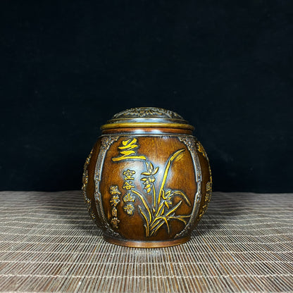 Handcrafted Pure Copper Gilded Relief Four Seasons Plum, Orchid, Bamboo, Chrysanthemum Gentleman Jar - Asian Antique