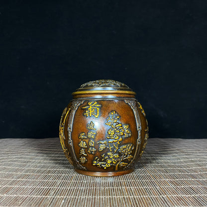 Handcrafted Pure Copper Gilded Relief Four Seasons Plum, Orchid, Bamboo, Chrysanthemum Gentleman Jar - Asian Antique