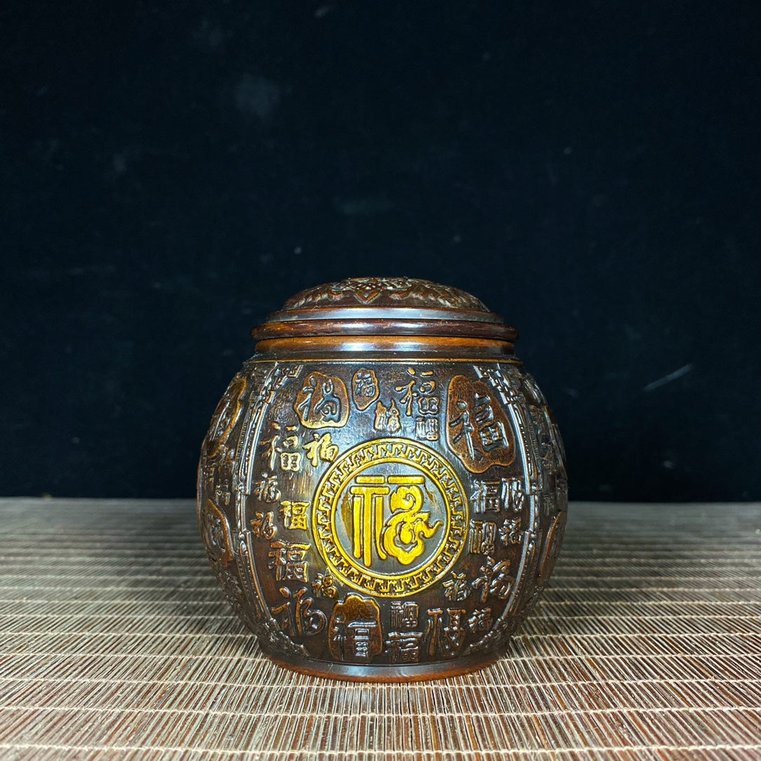 Handcrafted Asian Antique: Pure Copper Gilded "Hundred Blessings" Engraved Jar