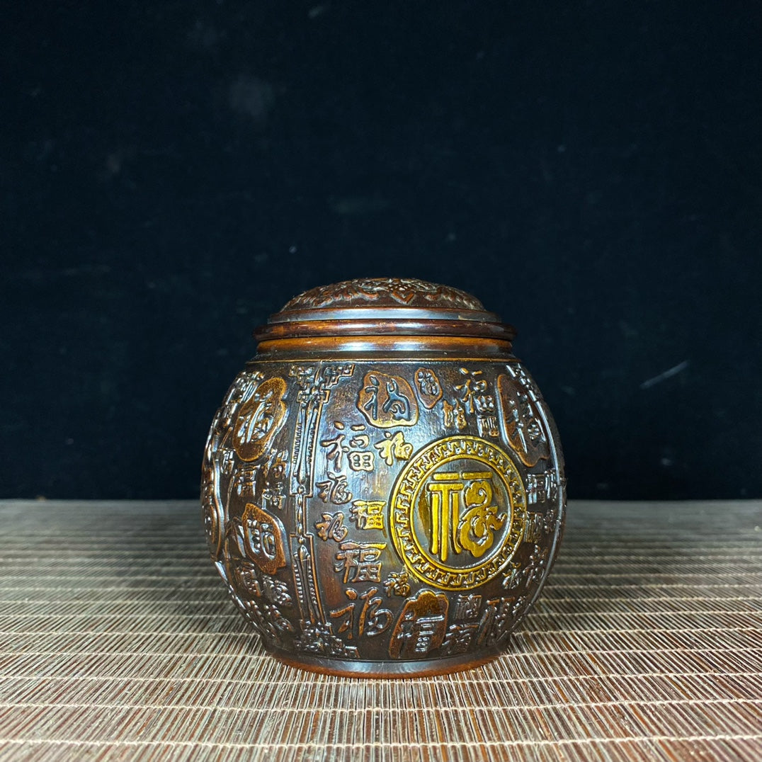 Handcrafted Asian Antique: Pure Copper Gilded "Hundred Blessings" Engraved Jar