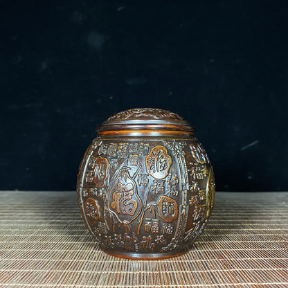 Handcrafted Asian Antique: Pure Copper Gilded "Hundred Blessings" Engraved Jar