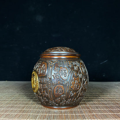 Handcrafted Asian Antique: Pure Copper Gilded "Hundred Blessings" Engraved Jar