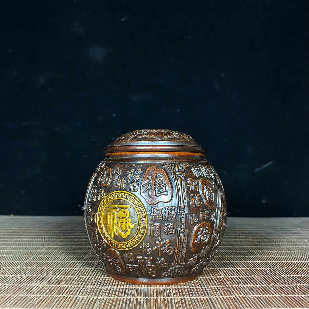 Handcrafted Asian Antique: Pure Copper Gilded "Hundred Blessings" Engraved Jar