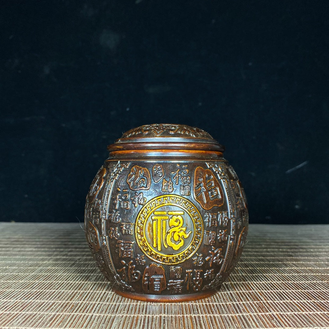 Handcrafted Asian Antique: Pure Copper Gilded "Hundred Blessings" Engraved Jar