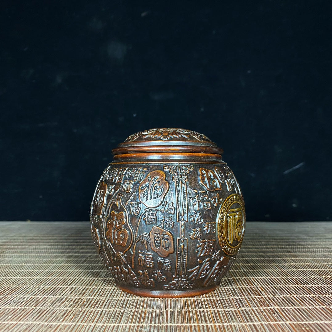 Handcrafted Asian Antique: Pure Copper Gilded "Hundred Blessings" Engraved Jar