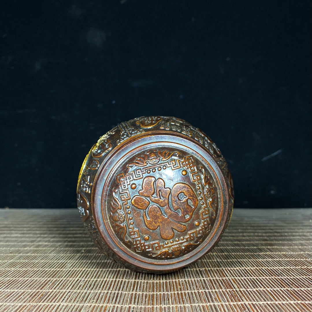 Handcrafted Asian Antique: Pure Copper Gilded "Hundred Blessings" Engraved Jar