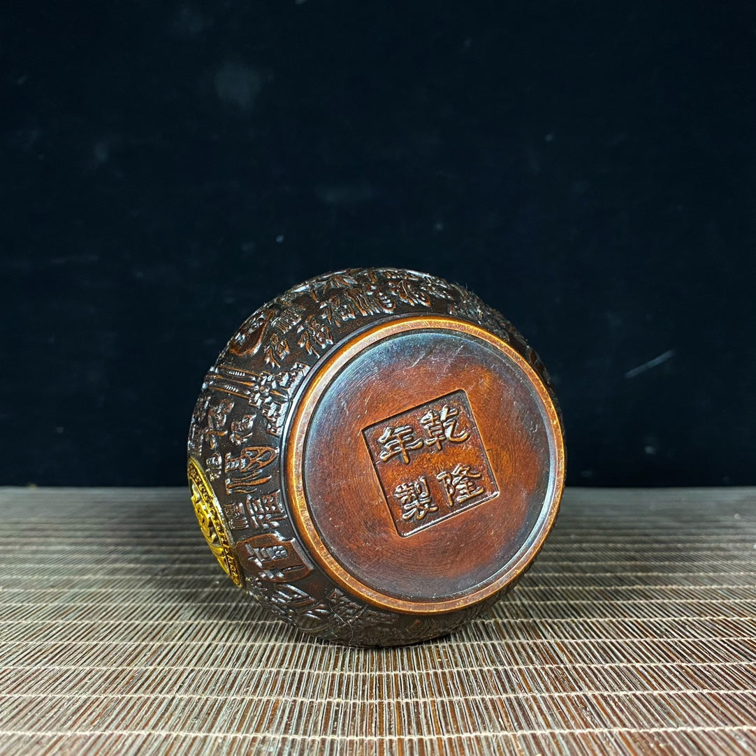 Handcrafted Asian Antique: Pure Copper Gilded "Hundred Blessings" Engraved Jar