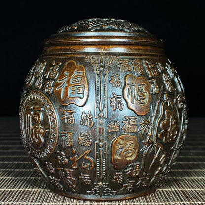 Handcrafted Pure Copper Hundred Blessings Jar - Antique Asian Decor - Personalized Desk Ornament - Unique Gift