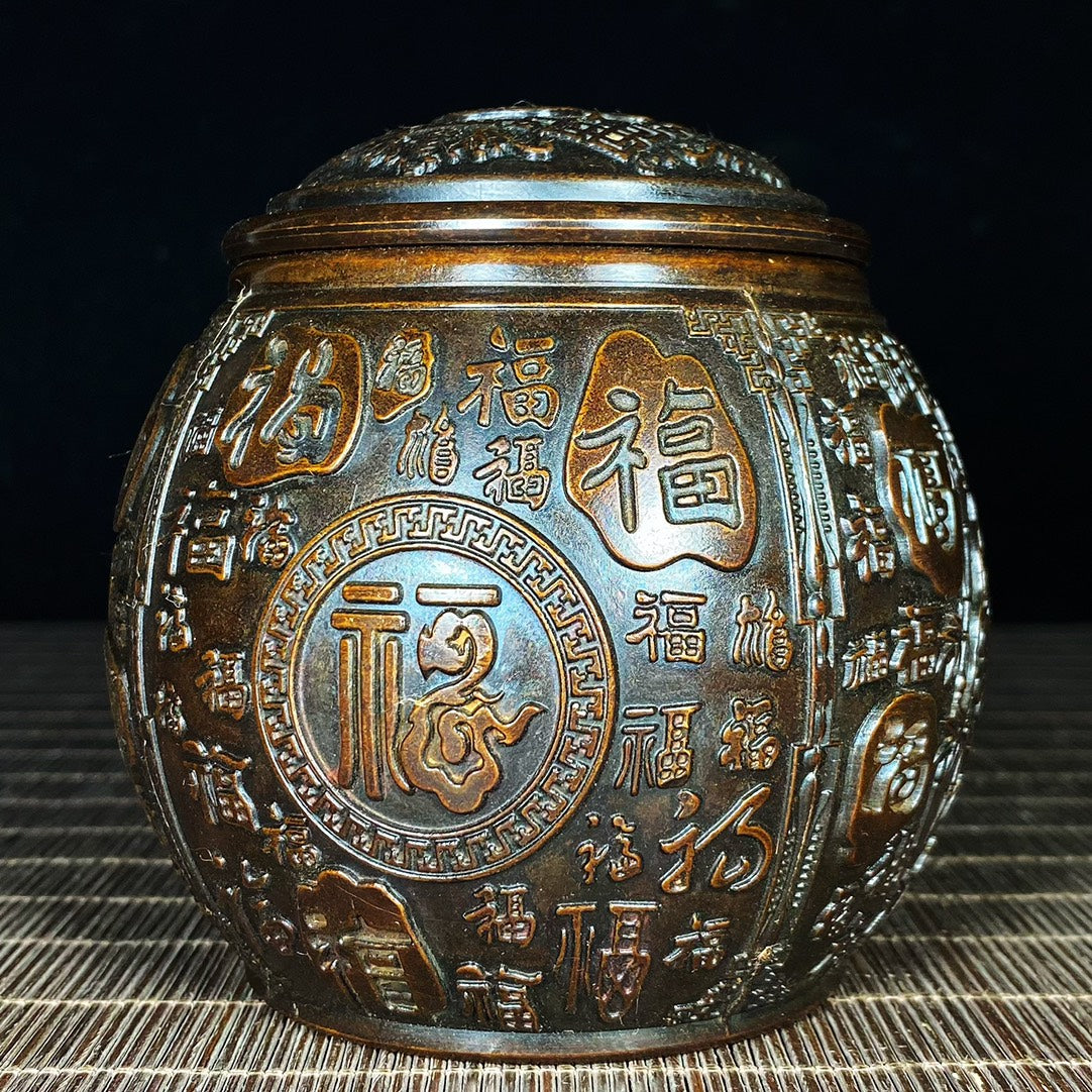 Handcrafted Pure Copper Hundred Blessings Jar - Antique Asian Decor - Personalized Desk Ornament - Unique Gift