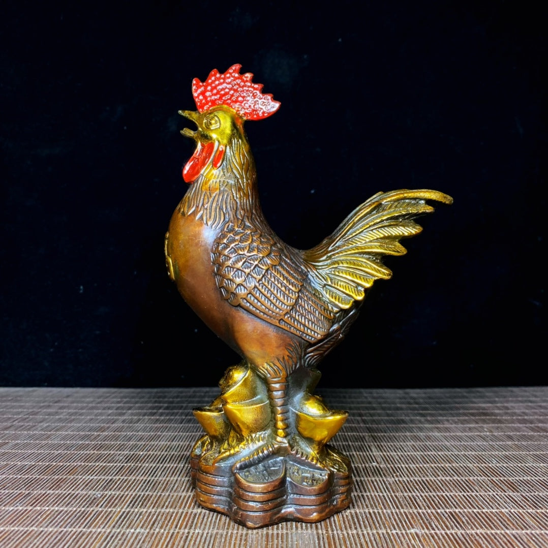 Handcrafted Solid Copper Gilt Painted Rooster Sculpture - Antique Asian Decor, Unique Desktop Ornament, Personalized Gift