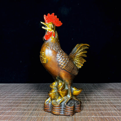 Handcrafted Solid Copper Gilt Painted Rooster Sculpture - Antique Asian Decor, Unique Desktop Ornament, Personalized Gift