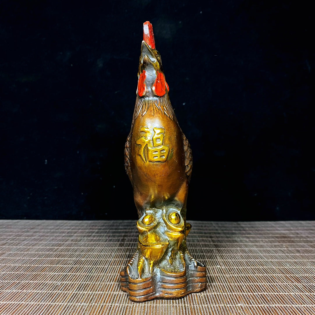 Handcrafted Solid Copper Gilt Painted Rooster Sculpture - Antique Asian Decor, Unique Desktop Ornament, Personalized Gift