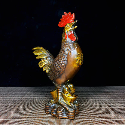 Handcrafted Solid Copper Gilt Painted Rooster Sculpture - Antique Asian Decor, Unique Desktop Ornament, Personalized Gift