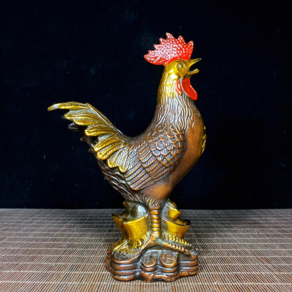 Handcrafted Solid Copper Gilt Painted Rooster Sculpture - Antique Asian Decor, Unique Desktop Ornament, Personalized Gift