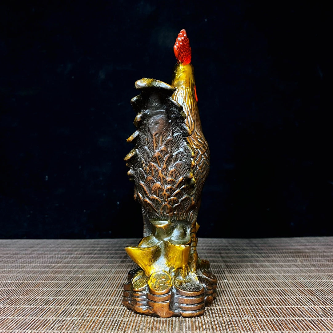 Handcrafted Solid Copper Gilt Painted Rooster Sculpture - Antique Asian Decor, Unique Desktop Ornament, Personalized Gift