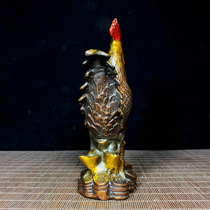 Handcrafted Solid Copper Gilt Painted Rooster Sculpture - Antique Asian Decor, Unique Desktop Ornament, Personalized Gift